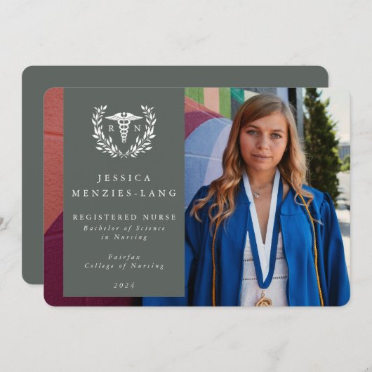 Faire-part Grey Green + White Laurel Wreath Infirmière inscri (Devant / Derrière)