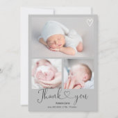 Faire-part Grey merci script coeur 4 photos naissance bébé (Devant)