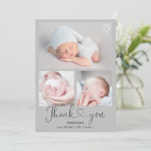 Faire-part Grey merci script coeur 4 photos naissance bébé (Debout devant)