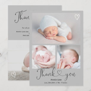 Faire-part Grey merci script coeur 4 photos naissance bébé