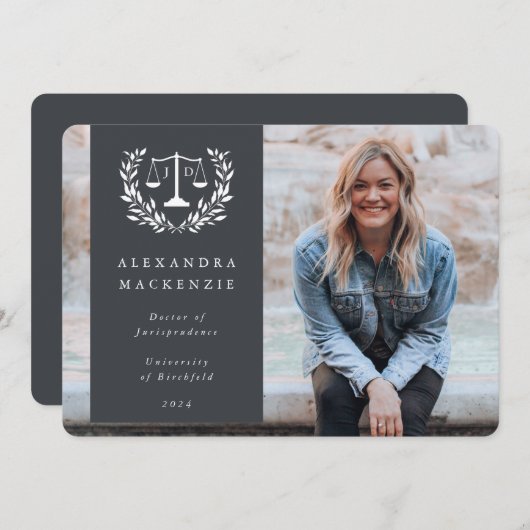 Faire-part Gris + Blanc JD Law Scales Laurel Wreath Photo (Devant / Derrière)