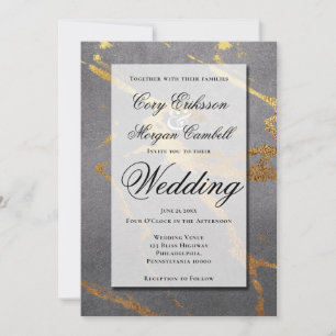 Faire-part Gris Élégant avec Marbrures Dorées pour un Mariage
