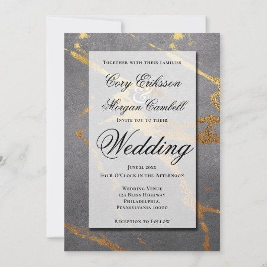 Faire-part Gris Élégant avec Mariage de Marbrure Dorée (Devant)