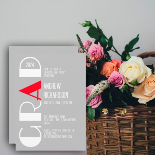 Faire-part Gris minimaliste de graduation rouge blanc