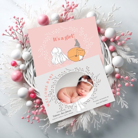 Faire-part Gris rose Floral Bois Animaux Bébé Fille Naissance