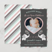 Faire-part Gris rose & Mint Eléphant Bébé Fille Photo Naissan (Devant / Derrière)