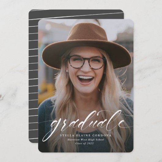 Faire-part gris simple script diplômé avec une pho (Devant / Derrière)