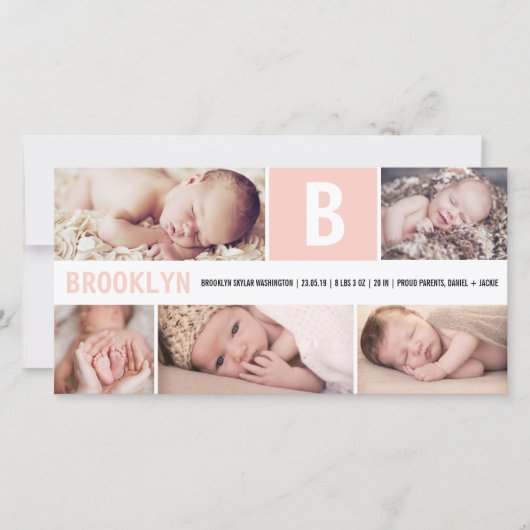 Faire-part Grosse Initiale Rose Bébé Monogramme 5 Multi Photo (Devant)