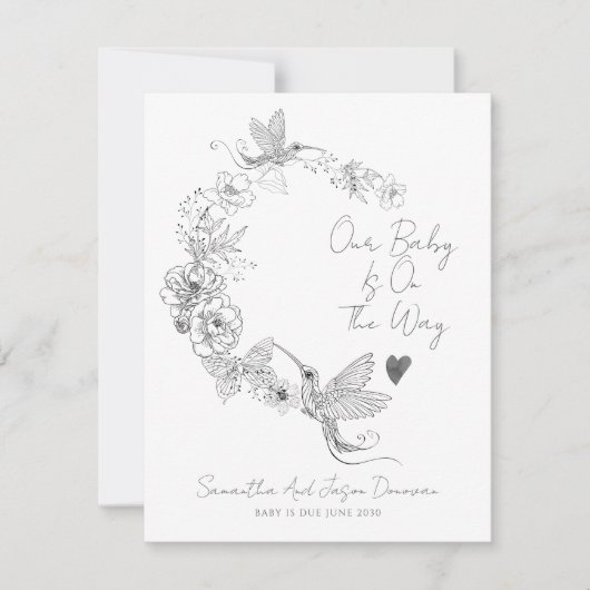 Faire-part Grossesse botanique florale de colibri dessinée à (Devant)