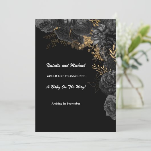 Faire-part Grossesse Florale Noire Et Or (Debout devant)