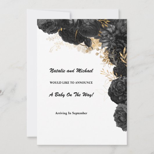 Faire-part Grossesse Florale Noire Et Or (Devant)