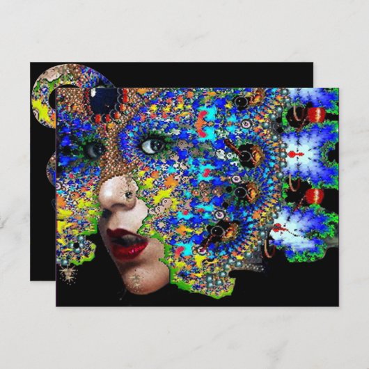 Faire-part Halloween EPHÉMERAL boule mascarade, masque bleu (Devant / Derrière)