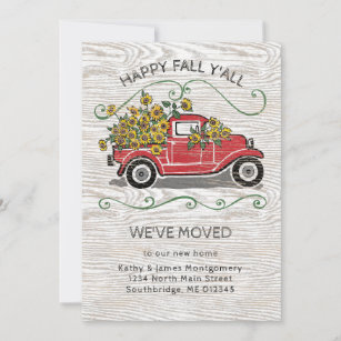 Faire-part Happy Fall Y'All Vintage Red Truck Floral Moving