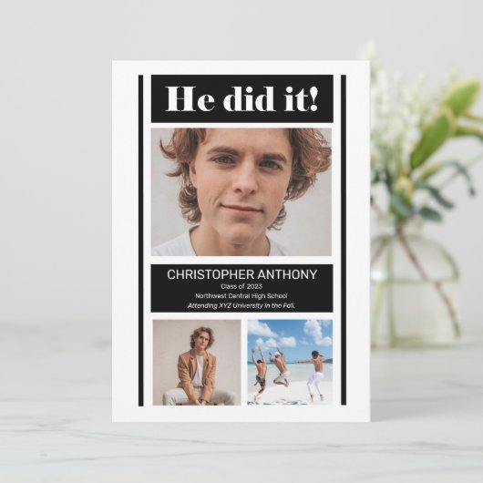 Faire-part He Did It Simple Minimalist BW Graduation (Debout devant)