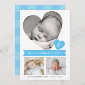 Faire-part Heart Photo Collage En vichy bleu bébé garçon nais (Devant / Derrière)