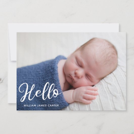 Faire-part Hello Baby Boy Photo Simple Script Blue Birth (Devant)
