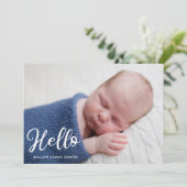 Faire-part Hello Baby Boy Photo Simple Script Blue Birth (Debout devant)