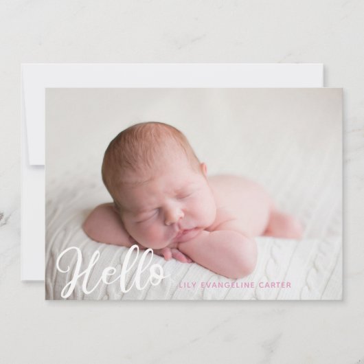 Faire-part Hello Baby Girl Photo Simple Script rose Naissance (Devant)