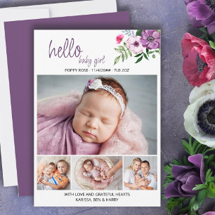 Faire-part Hello Baby Girl Purple Floral 4 Photo Birth