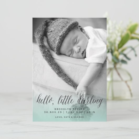 Faire-part Hello Little Darling Aqua Blue Photo Boy Naissance (Debout devant)