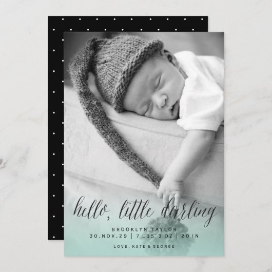 Faire-part Hello Little Darling Aqua Blue Photo Boy Naissance (Devant / Derrière)
