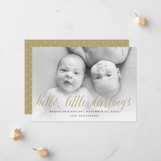 Faire-part Hello Little Darlings Gold Script Twin Photo Naiss (Devant/Arrière en situation)