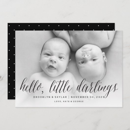 Faire-part Hello Little Darlings Modern Twins Photo Naissance (Devant / Derrière)