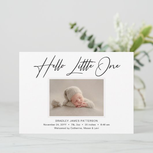 Faire-part Hello Little One Elegant Script Photo Naissance (Debout devant)