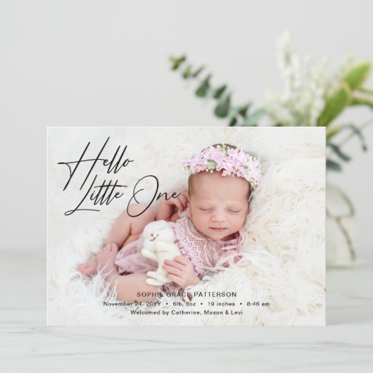 Faire-part Hello Little One Elegant Script Photo Naissance (Debout devant)