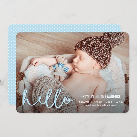 Faire-part HELLO Modern Birth Annonces BLUE (Devant / Derrière)
