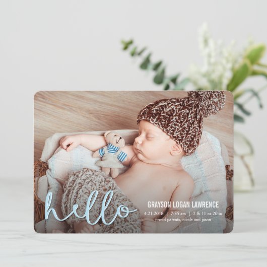 Faire-part HELLO Modern Birth Annonces BLUE (Debout devant)