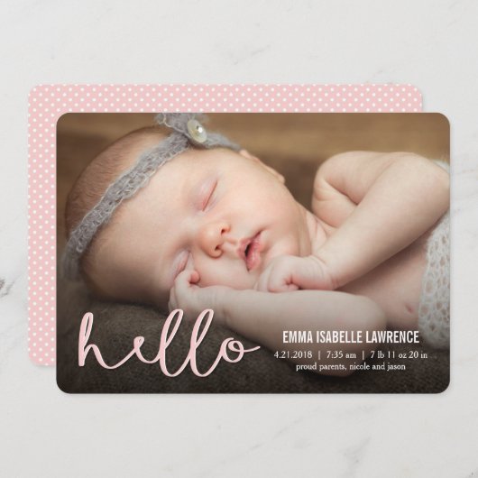 Faire-part HELLO Modern Birth Annonces PINK (Devant / Derrière)