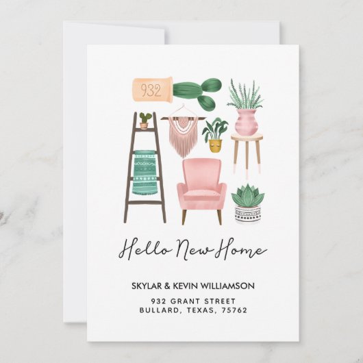 Faire-part Hello New Home | Plantes pots et mobilier en mouve (Devant)
