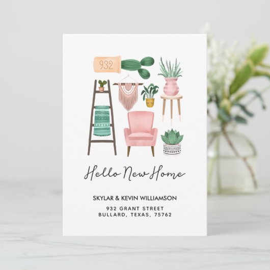 Faire-part Hello New Home | Plantes pots et mobilier en mouve (Debout devant)