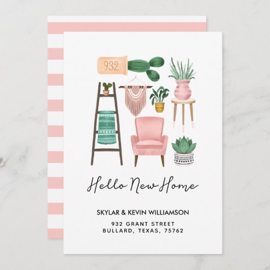 Faire-part Hello New Home | Plantes pots et mobilier en mouve (Devant / Derrière)
