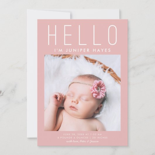 Faire-part HELLO Simple rose moderne multi-photo naissance (Devant)
