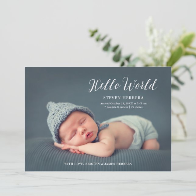 Faire-part Hello World Overlay avec décoration florale bébé n (Debout devant)