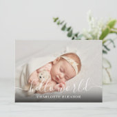 Faire-part Hello World Photo Élégant Script Fille Naissance (Debout devant)