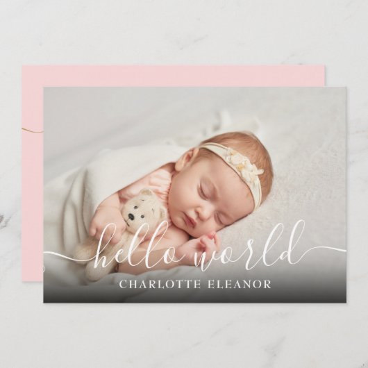 Faire-part Hello World Photo Élégant Script Fille Naissance (Devant / Derrière)