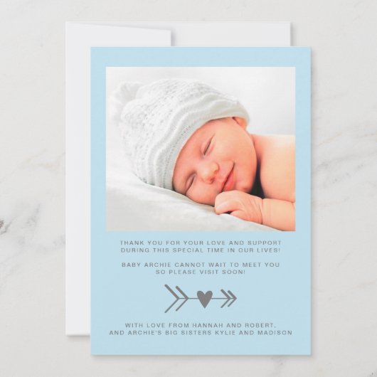 Faire-part Hello World Photo Heart Blue Grey Baby Boy Birth (Dos)