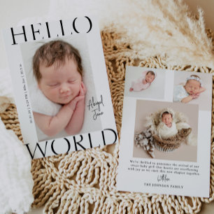 Faire-part Hello World   Photo minimaliste moderne pour bébé 