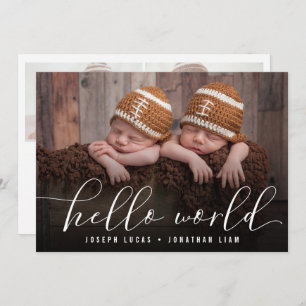 Faire-part Hello World Stylish Calligraphie Twin Photo Collag