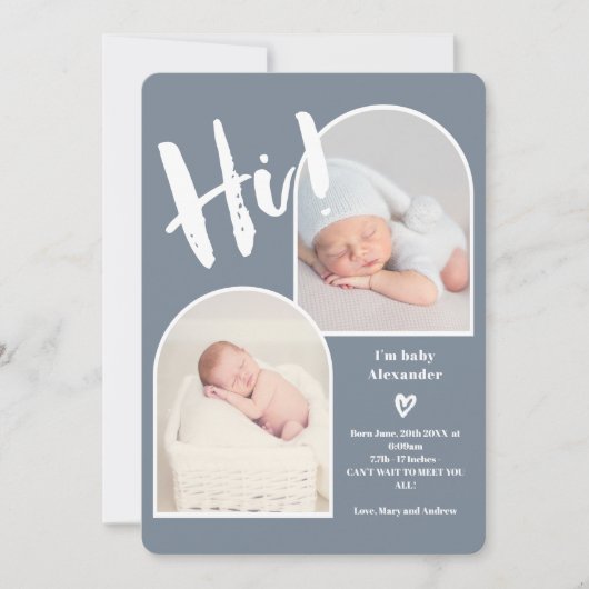 Faire-part Hi poussisté bleu script coeur 2 photo arc bébé na (Devant)