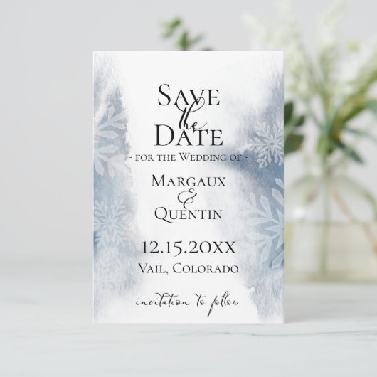 Faire-part Hiver Bleu Aquarelle Laver Enregistrer La Date (Debout devant)