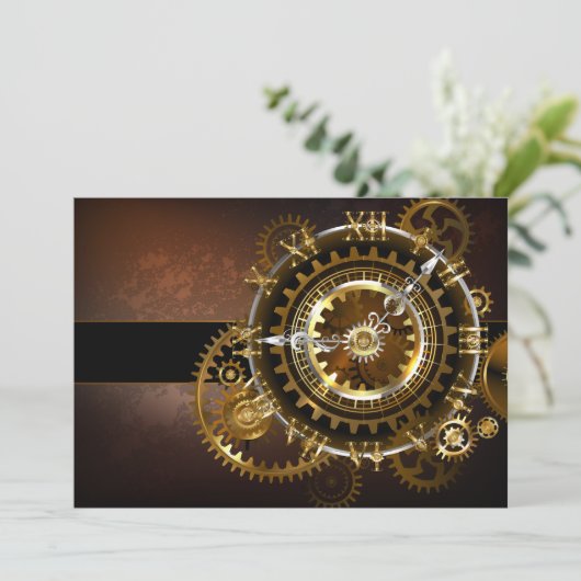 Faire-part Horloge Steampunk avec des engrenages anciens (Debout devant)