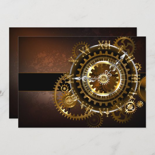 Faire-part Horloge Steampunk avec des engrenages anciens (Devant / Derrière)