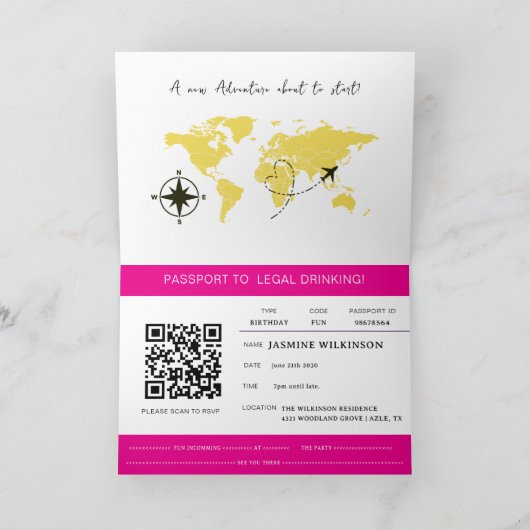 Faire-part Hot Pink Passport Style 21st Birthday Party (Intérieur)
