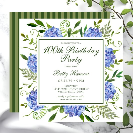 Faire-part Hydrangeas Bleus pour les 100 ans
