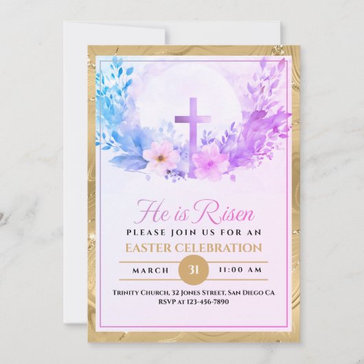 Faire-part Il Est Ressuscité Fleurs D'Aquarelle De Pâques, Re (Devant)