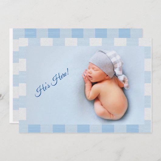 Faire-part Il’s Here|Baby Boy Blue En vichy Modern Birth (Devant / Derrière)